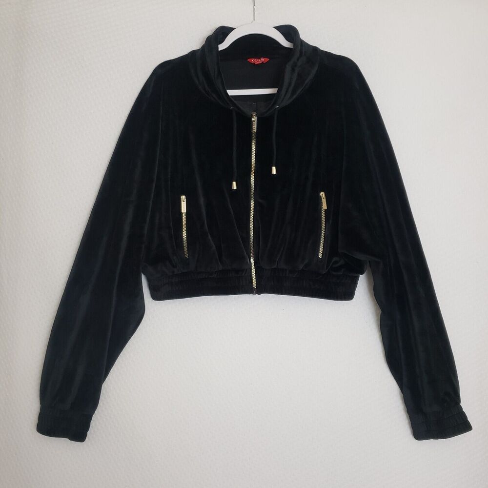 Guess Womens Black Velour Crop Y2K Style Bomber Jacket Metal Zippers‎ Size XL
